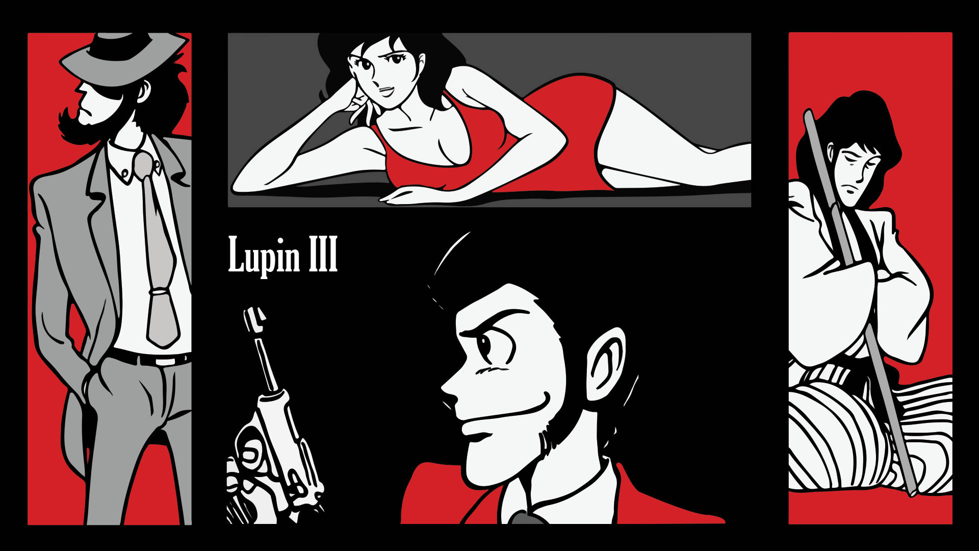 Lupin 桌布 壁紙 — 以鮮明紅黑色、銳利線條和戲劇性姿勢呈現的魯邦三世角色風格化動漫拼貼畫。