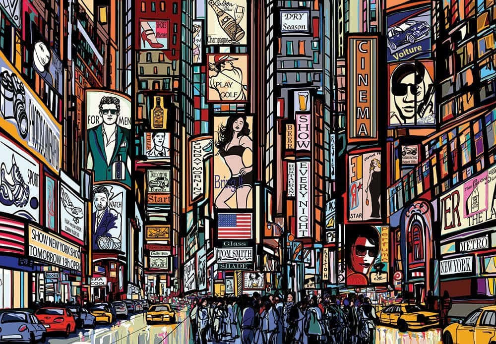 New York Art 桌布 壁紙 — 以鮮豔卡通風格描繪紐約市繁華街道，充滿高聳廣告看板和黃色計程車的插圖。