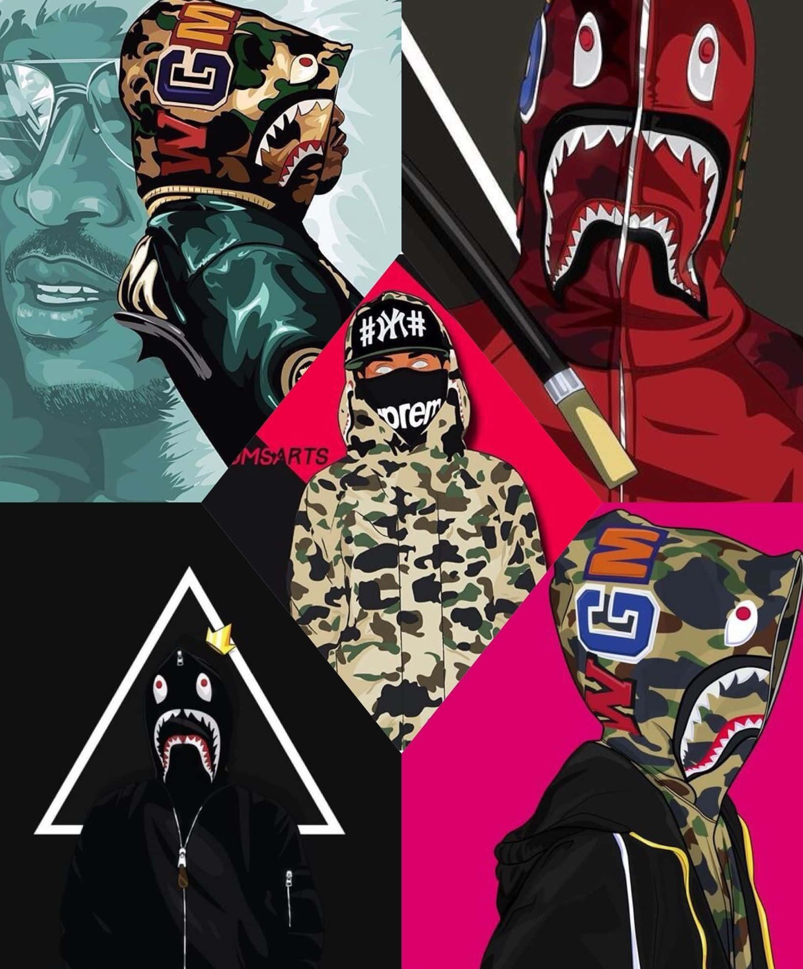 Red Bape 桌布 壁紙 — 以鮮豔幾何背景襯托，穿著鯊魚嘴連帽衫和口罩的風格化人物拼貼畫。