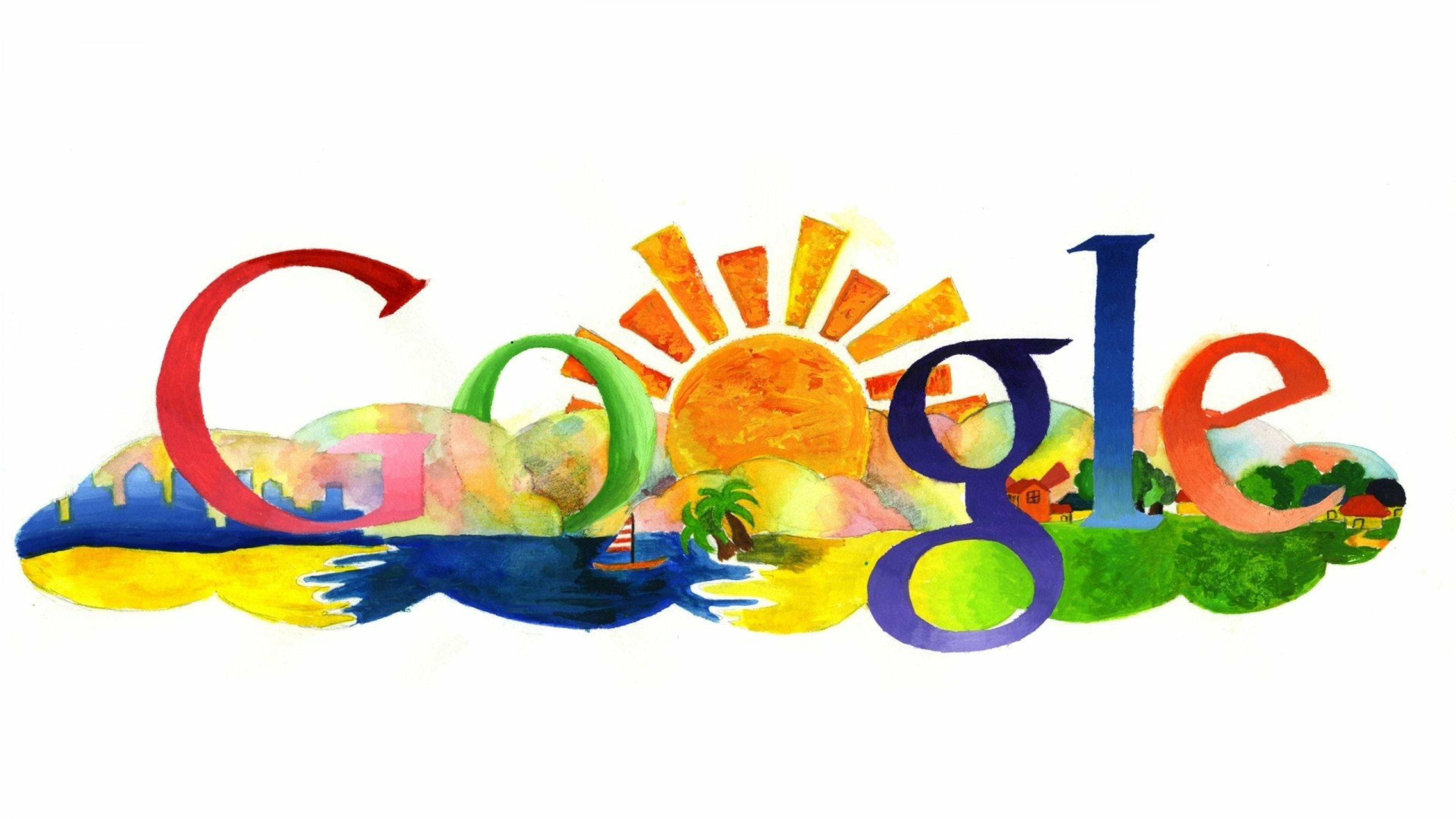 google 桌布 壁紙 — 以鮮豔水彩風格呈現的Google標誌，內嵌太陽、帆船和風景場景。