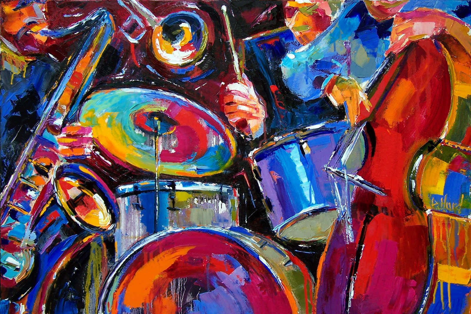Jazz 桌布 壁紙 — 以鮮豔的抽象繪畫風格呈現爵士樂器，如薩克斯風、鼓和大提琴，採用大膽旋轉的色彩。