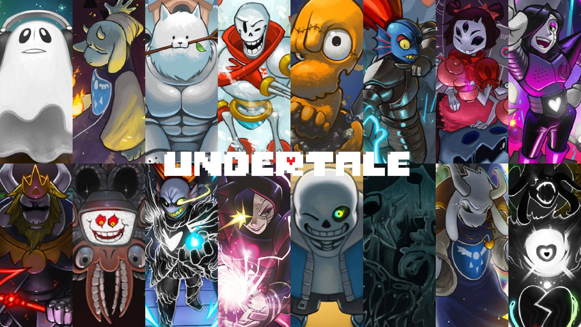 Undertale 桌布 壁紙 — 以鮮豔的拼貼風格呈現 Undertale 的標誌性角色，採用大膽卡通風格，帶有發光效果和豐富表情。