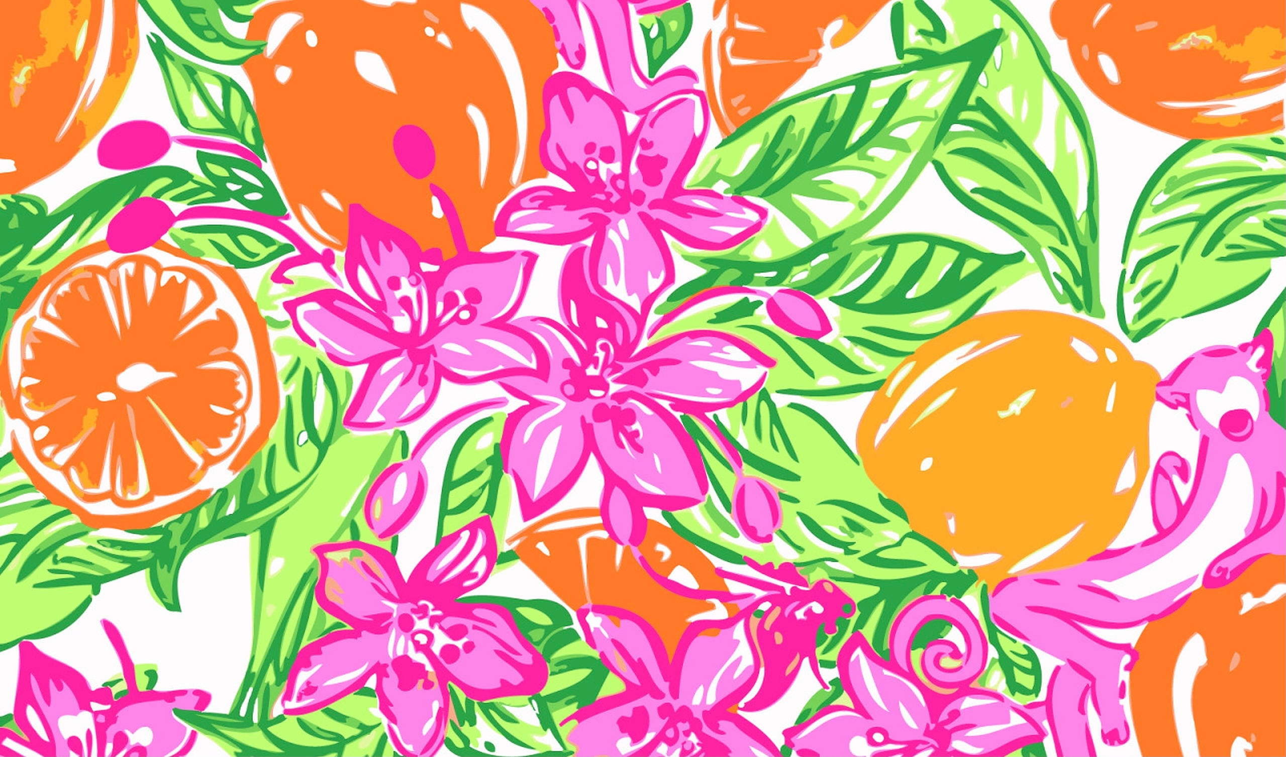 lilly 桌布 壁紙 — 以鮮豔的粉紅、橙色和綠色色調呈現的切片橙子、完整柑橘類水果、花朵和綠葉的充滿活力的圖案。