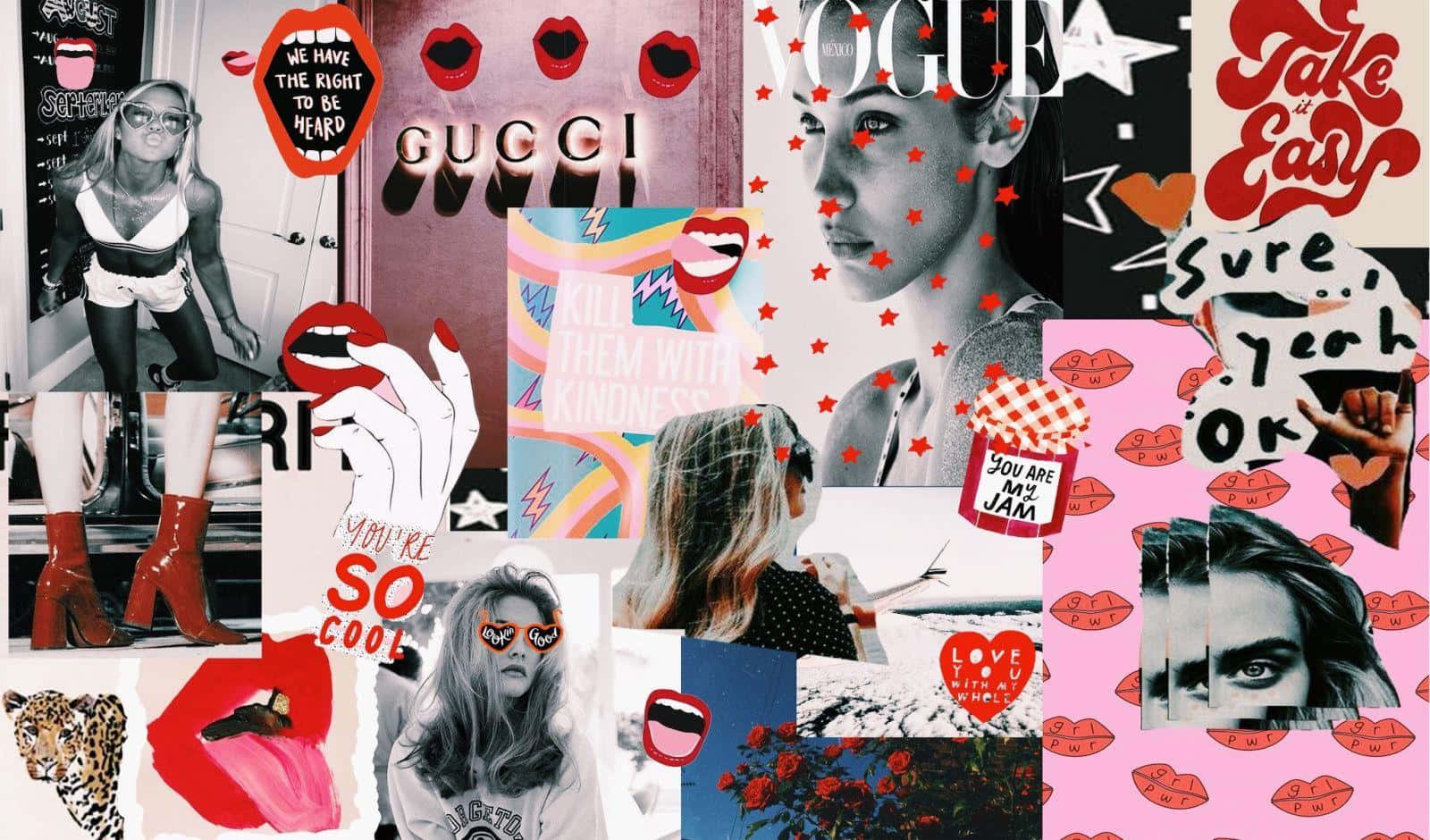 Macbook Collage 桌布 壁紙 — 以鮮豔的粉紅色、紅色和黑色色調呈現的時尚雜誌剪貼、嘴唇、標語和名人照片的充滿活力的拼貼畫。