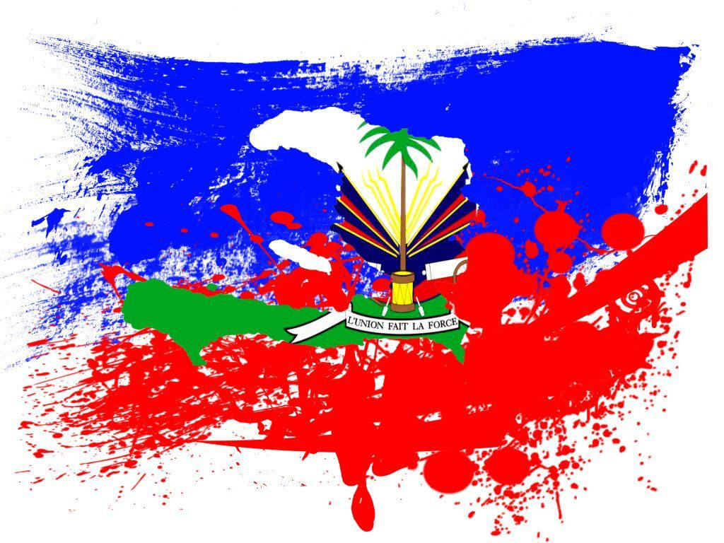 Haiti 桌布 壁紙 — 以鮮豔的紅、藍、綠色調，用大膽的筆觸和顏料飛濺呈現的海地國旗。