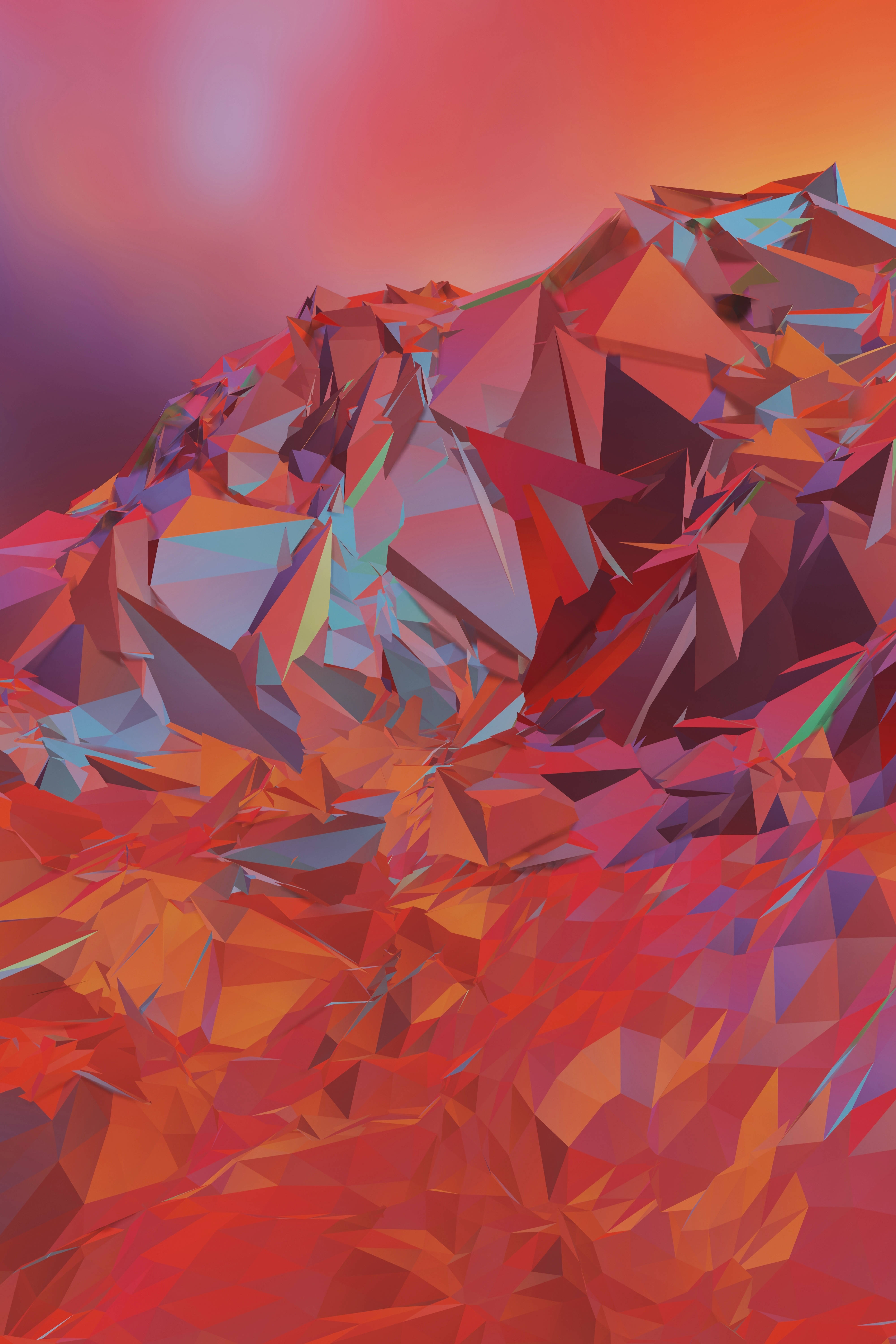 vector 桌布 壁紙 — 以鮮豔的紅色、橙色和紫色呈現的風格化山脈，帶有銳利的幾何切面，在閃耀的日落天空下。
