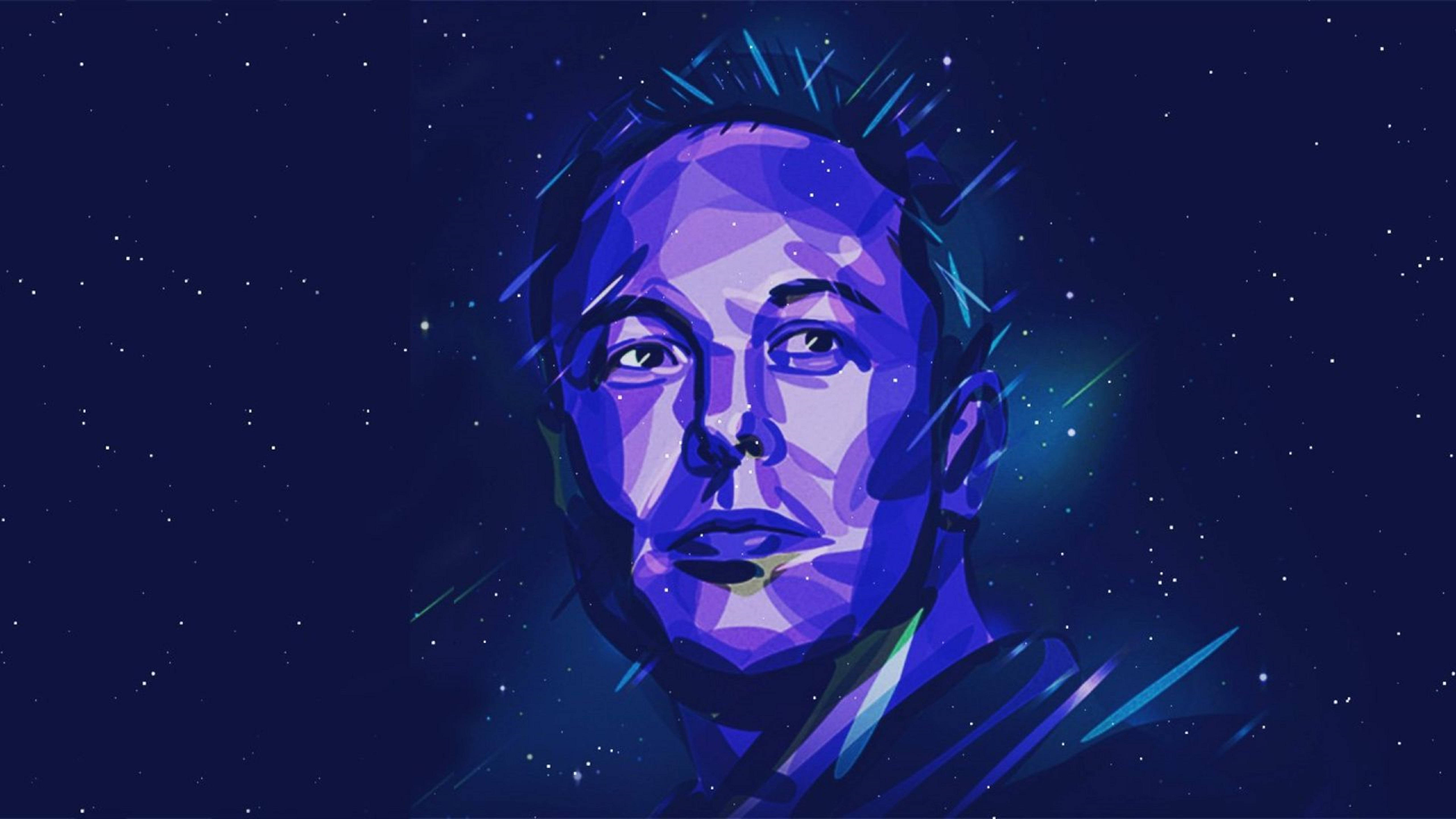 Elon 桌布 壁紙 — 以鮮豔紫色和藍色調繪製的伊隆·馬斯克風格化肖像，背景是繁星點點的宇宙。