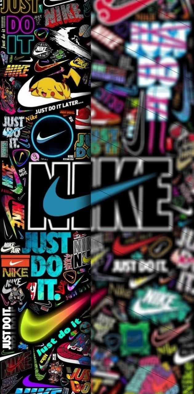 Nike 桌布 壁紙 — 以鮮豔色彩和多種字體組成的Nike標誌和口號拼貼，營造出充滿活力的街頭藝術美感。