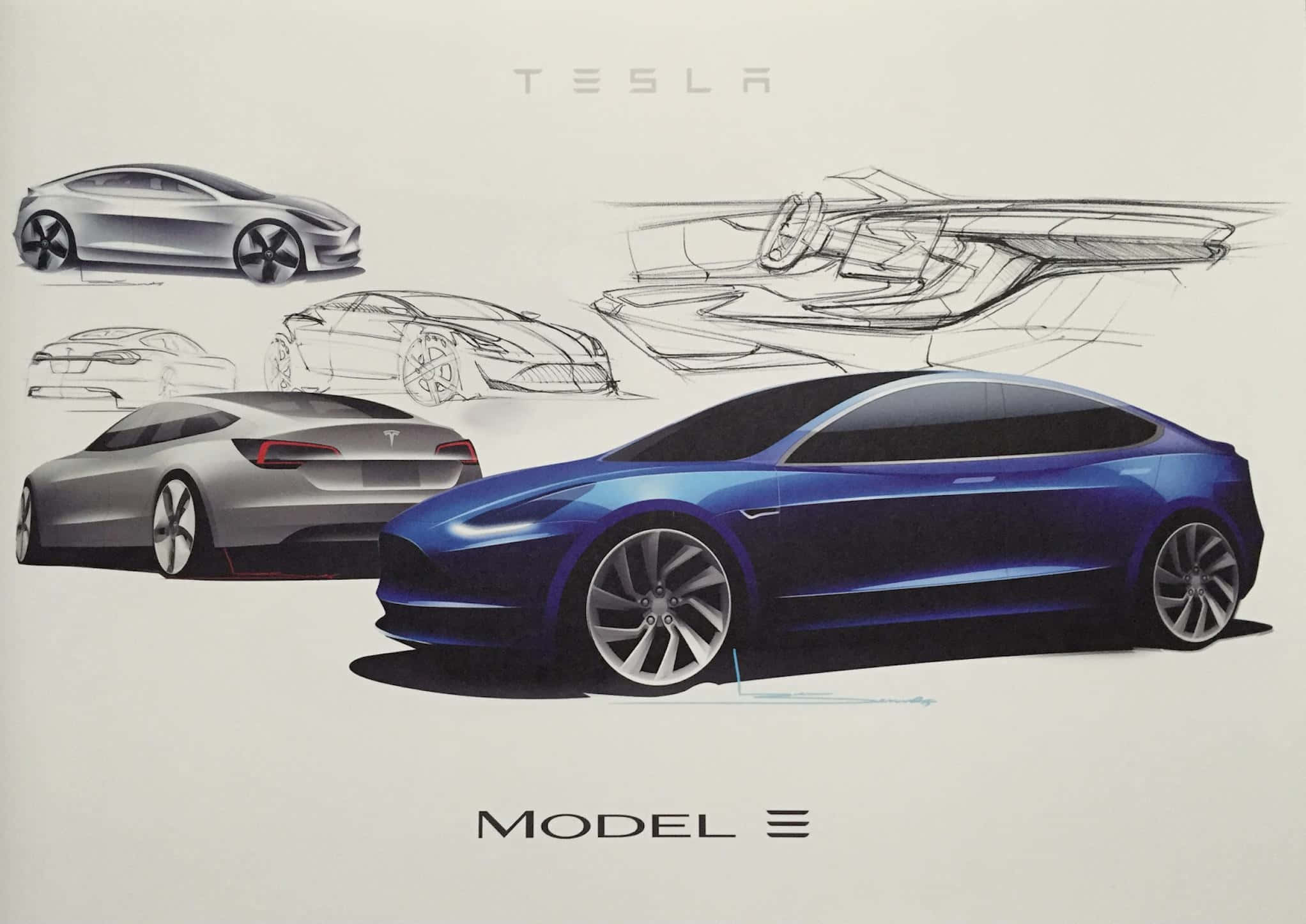 Tesla Model 3 桌布 壁紙 — 以鮮豔色彩渲染的時尚藍色Tesla Model 3，以及其設計演變的詳細鉛筆草圖。