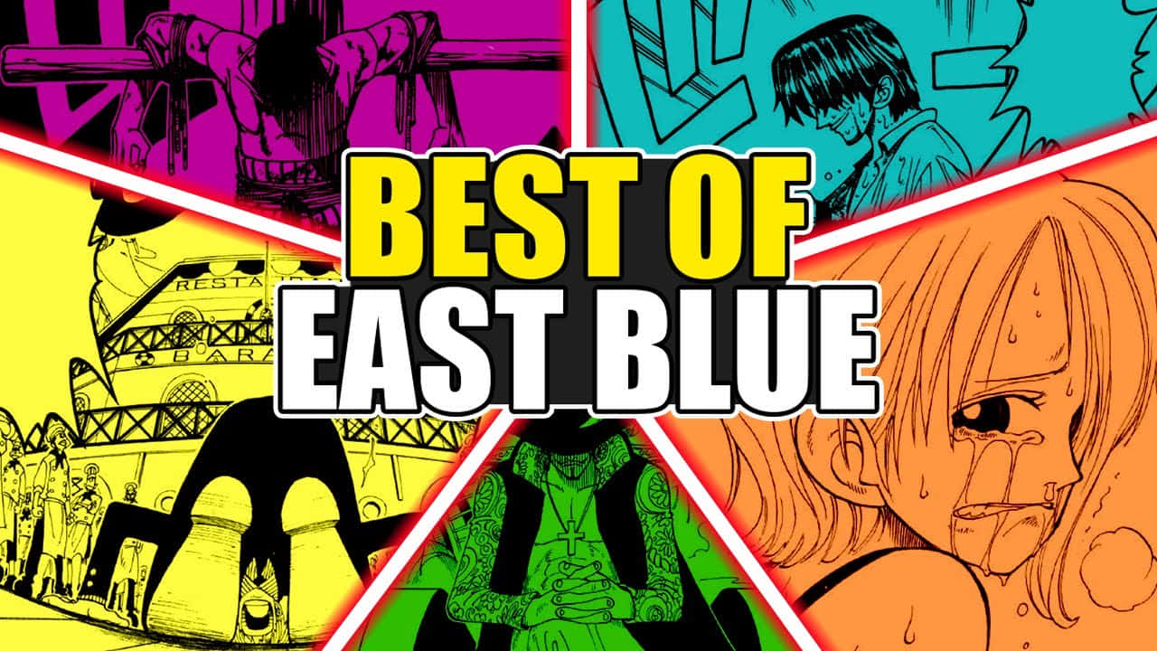 East Blue 桌布 壁紙 — 以鮮豔色彩面板、戲劇性表情和粗體文字疊加組成的東海角色動漫拼貼畫。