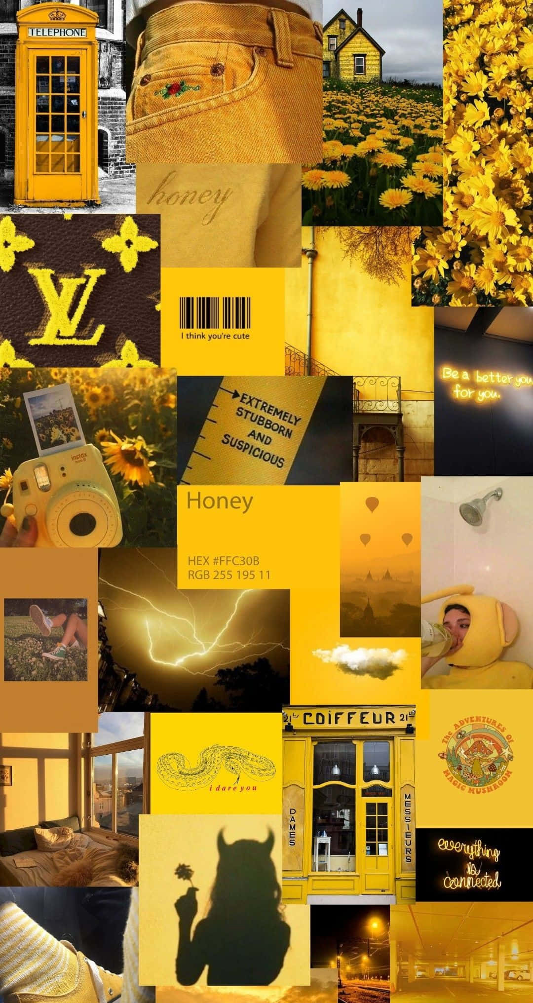 Yellow Baddie 桌布 壁紙 — 以鮮黃色為主題的拼貼畫， featuring 向日葵、復古電話亭和蜂蜜圖案，呈現夢幻溫暖的美感。