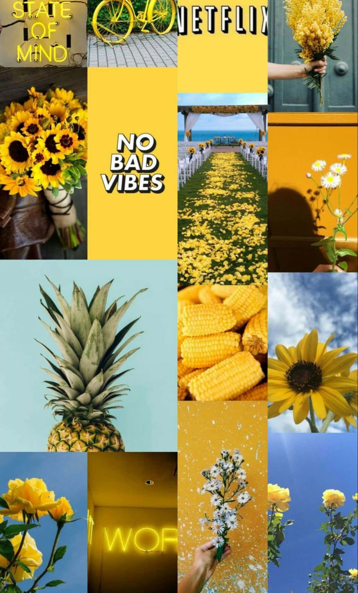 Yellow Aesthetic Collage 桌布 壁紙 — 以鮮黃色為主題的拼貼畫，包含向日葵、鳳梨、玉米田和勵志文字，背景明亮。