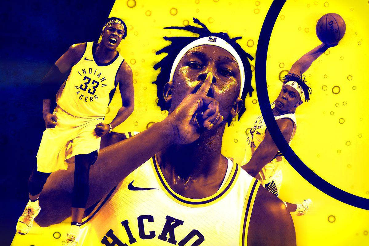 myles turner 桌布 壁紙 — 以黃色和藍色色調呈現動感籃球運動員拼貼畫，展示激烈的動作姿勢。