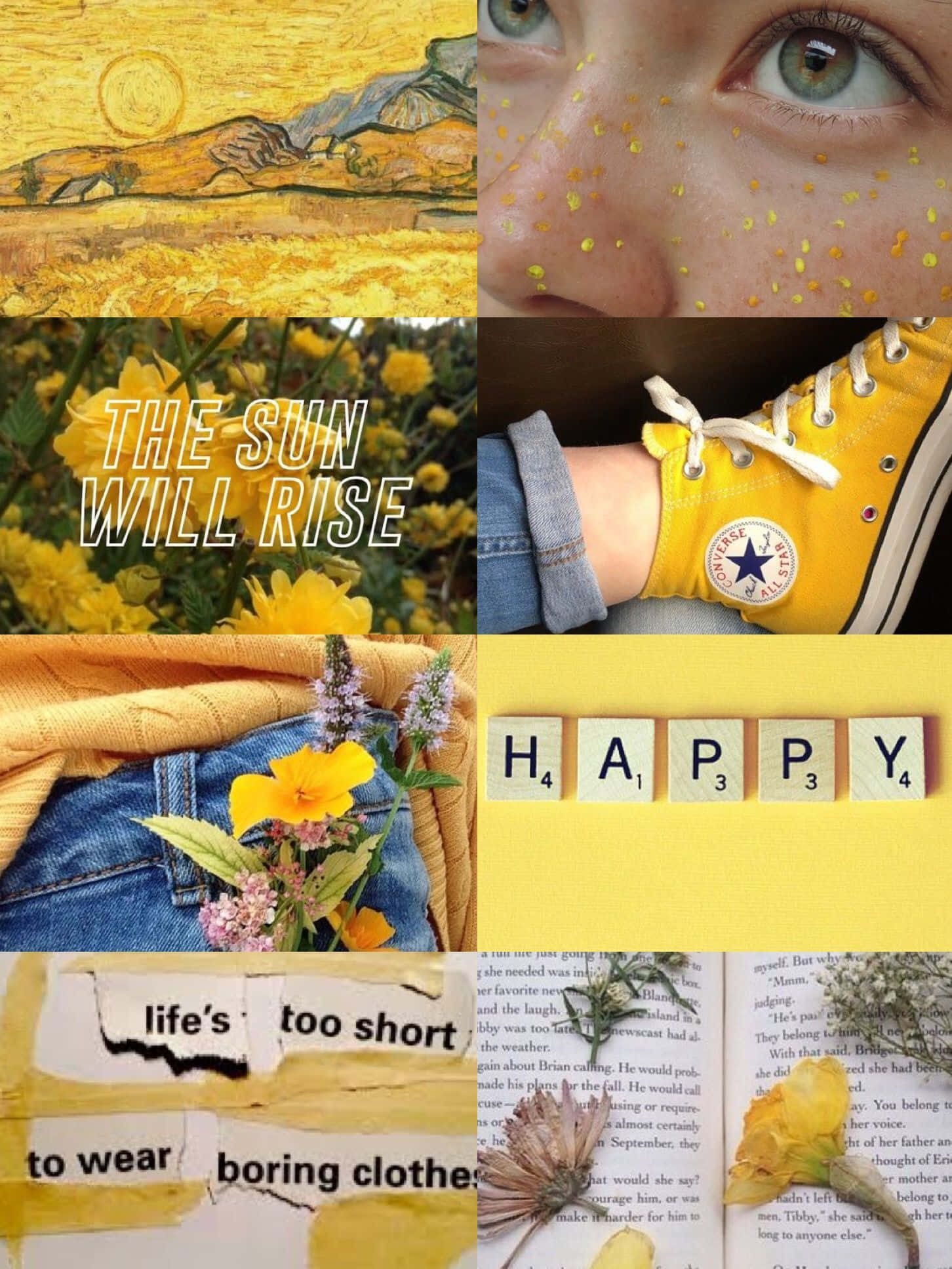 Yellow Aesthetic Collage 桌布 壁紙 — 以黃色為主題的充滿活力的拼貼畫：向日葵、帶有花粉的兒童臉龐、運動鞋、牛仔褲中的花朵以及勵志文字。