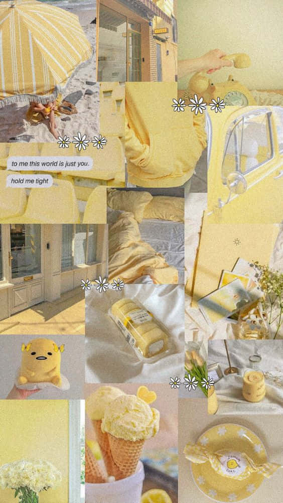 Light Yellow 桌布 壁紙 — 以黃色為主題的夢幻拼貼， featuring 沙灘傘、冰淇淋、復古汽車和沐浴在溫暖陽光下的舒適室內設計。