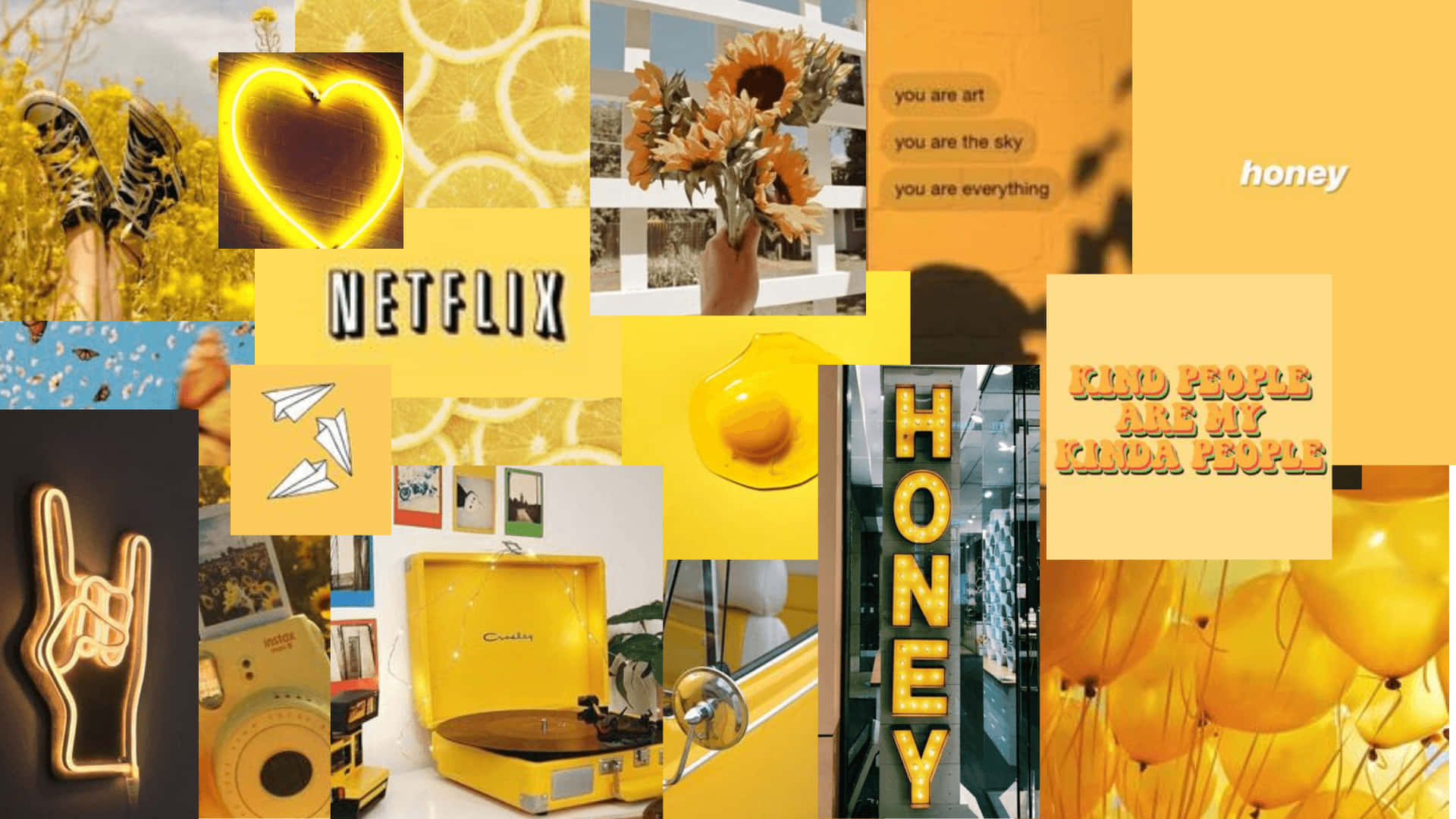 Yellow Aesthetic Collage 桌布 壁紙 — 以黃色為主題的鮮豔拼貼畫，包含蜂蜜圖案、向日葵、霓虹燈、復古唱盤和勵志名言。