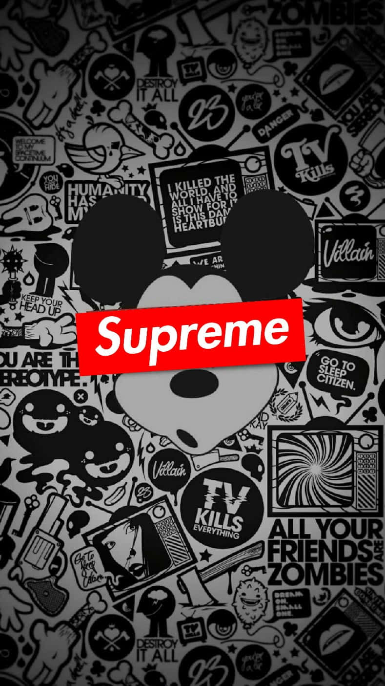 Supreme標誌與米奇老鼠剪影，置於黑白塗鴉背景上。 — Supreme GIF 壁紙