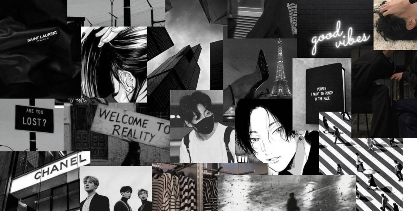 Dark Aesthetic Computer 桌布 壁紙 — 以黑白拼貼呈現城市街景、時尚品牌及動漫風格肖像，並加上粗體文字疊加效果。