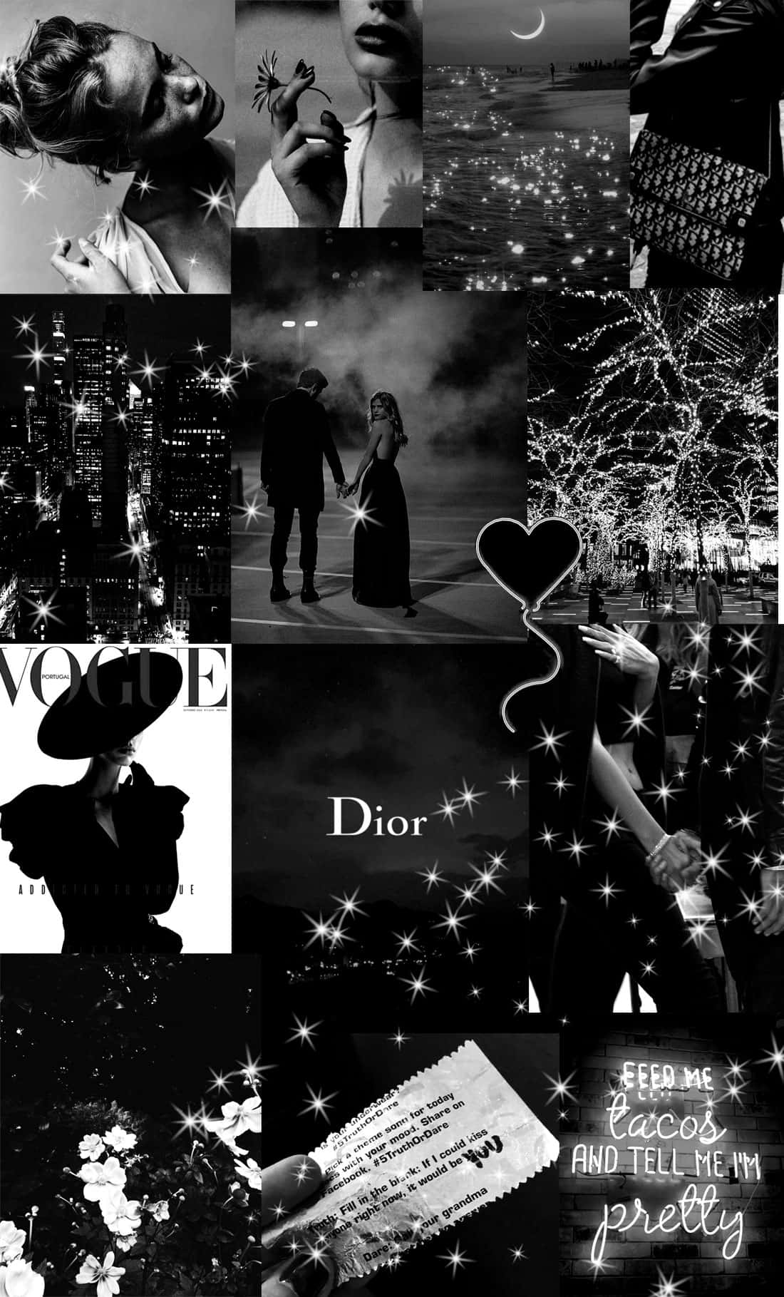 Black And White Collage 桌布 壁紙 — 以黑白拼貼呈現時尚、浪漫與閃爍的城市燈光，並加入閃亮效果。