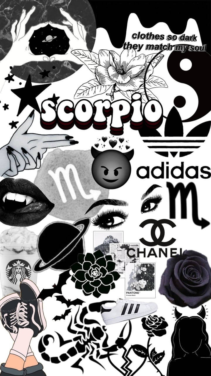 Scorpio 桌布 壁紙 — 以黑白拼貼風格呈現星座、時尚標誌和流行文化圖標的壁紙，風格混亂而富有藝術感。