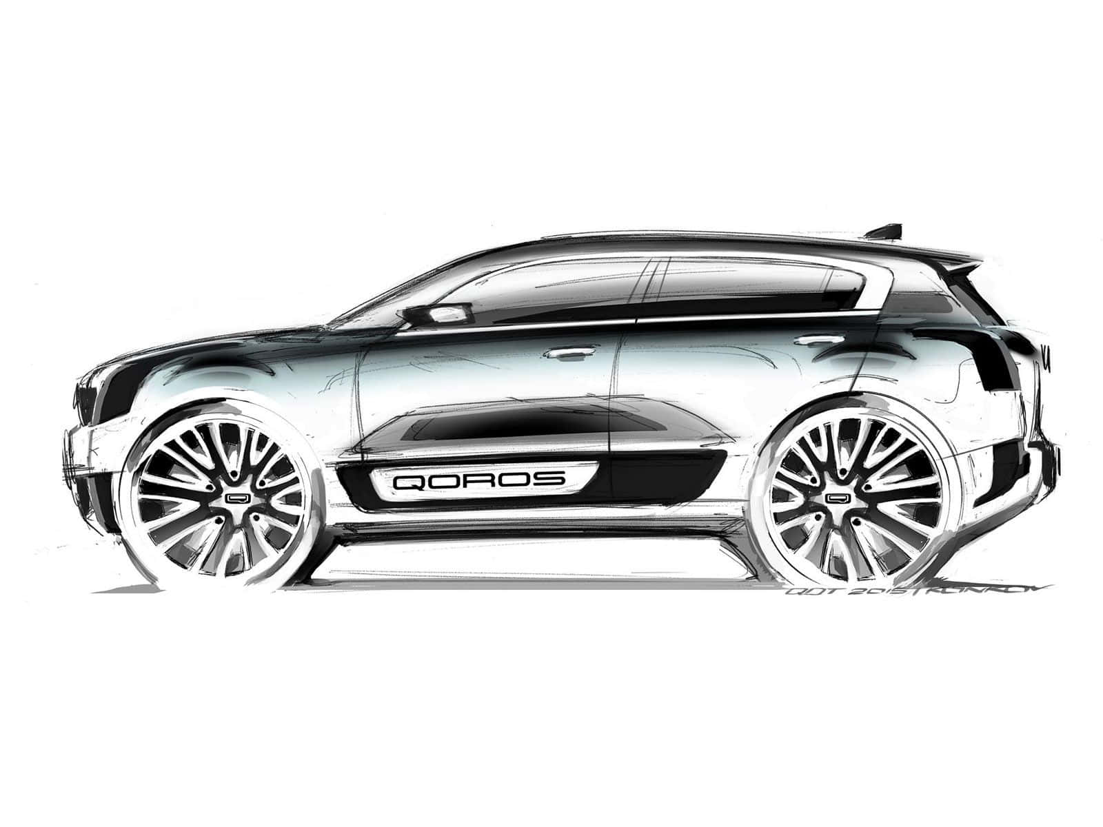Qoros 桌布 壁紙 — 以黑白渲染的時尚QOROS SUV設計草圖，具有詳細的線條和陰影。