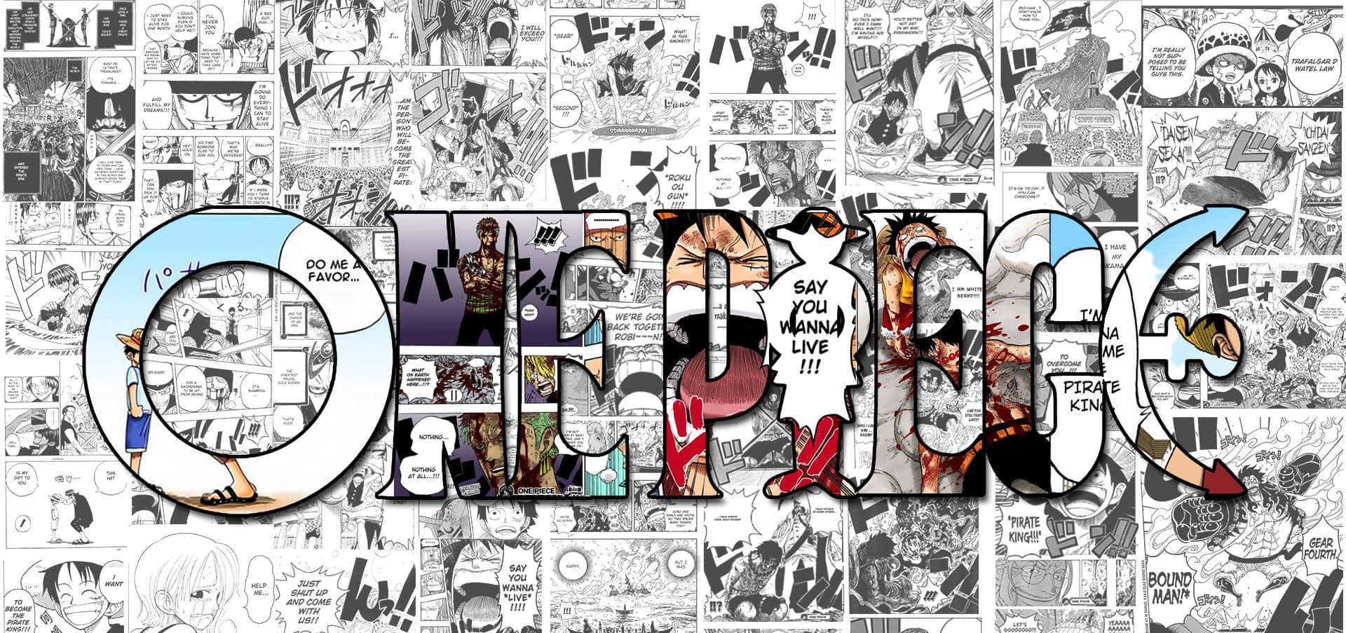 One Piece Manga 桌布 壁紙 — 以黑白漫畫格、角色和對話氣泡呈現的粗體「ONE PIECE」標誌。