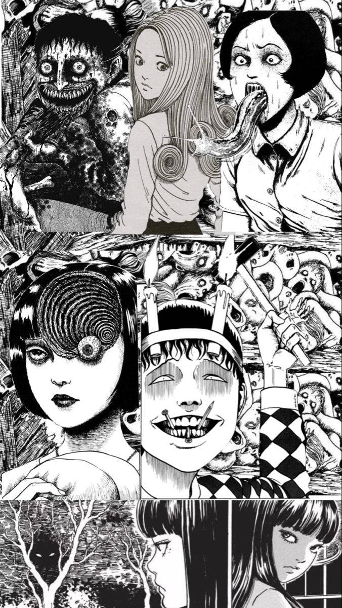 漫畫格展示黑白怪誕怪物和扭曲的人臉。 — 詭異的GIF 壁紙
