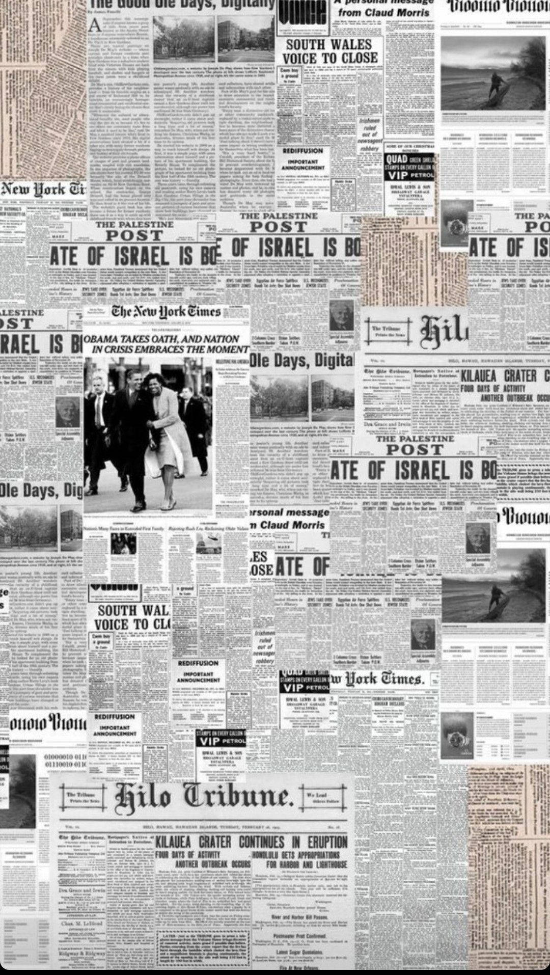 Newspaper 桌布 壁紙 — 以黑白覆蓋全球事件的老式報紙剪報拼貼畫，包含標題和照片。