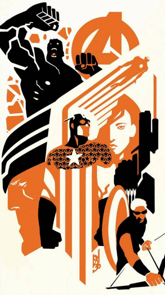 Avengers Phone 桌布 壁紙 — 以黑色、橙色和白色繪製的復仇者聯盟英雄大膽圖形插圖，具有動態姿勢和標誌性符號。