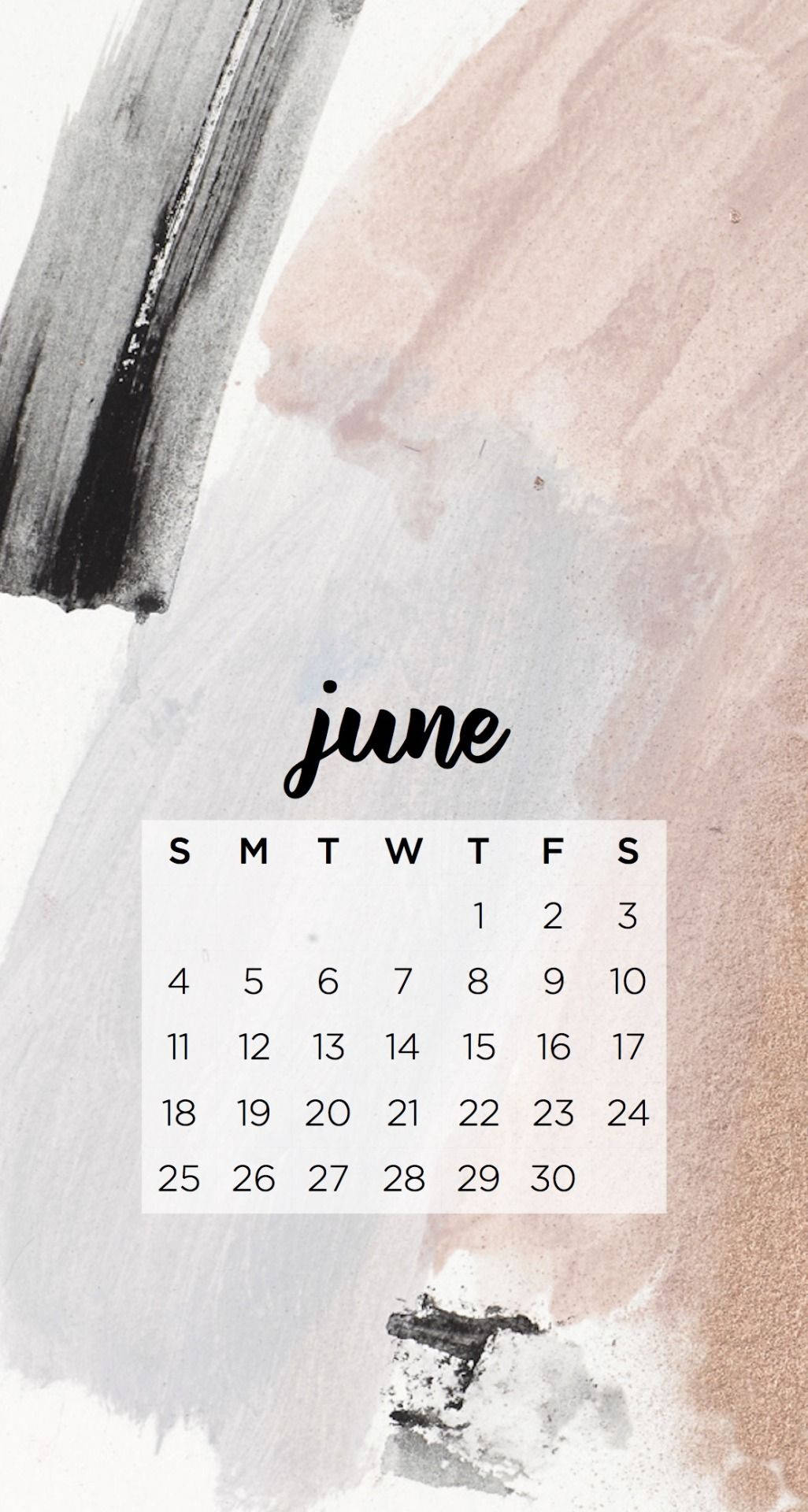 June 桌布 壁紙 — 以黑色、灰色和淡粉紅色的柔和水彩畫為背景的簡約六月日曆。