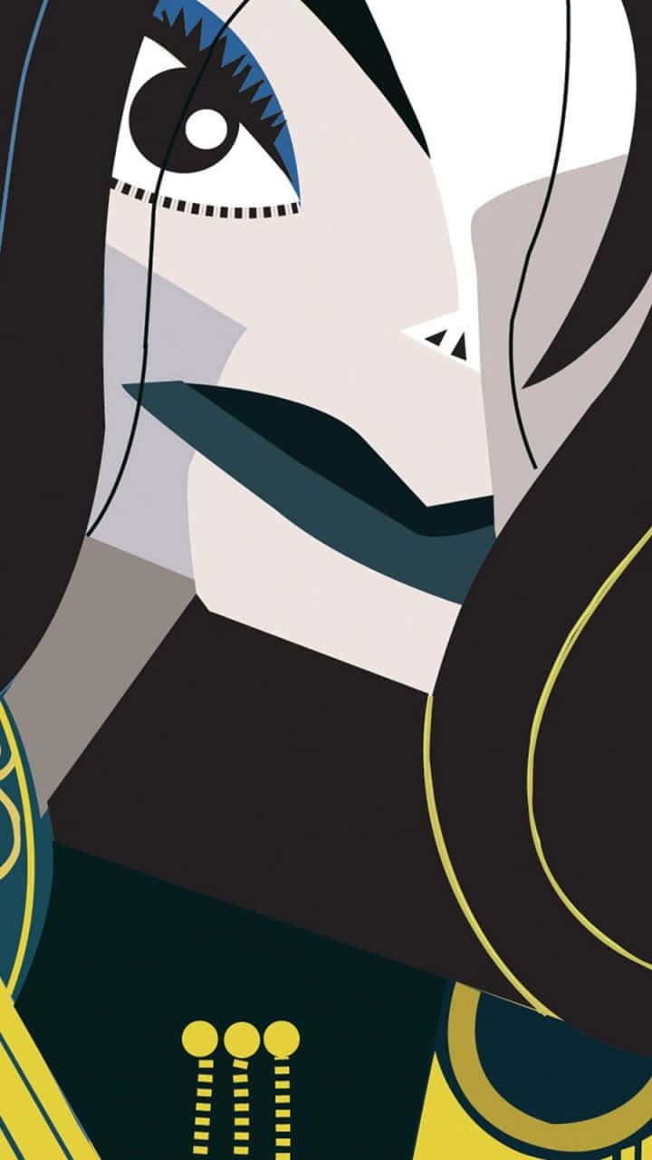 Avatar The Last Airbender 桌布 壁紙 — 以黑色、白色、藍綠色和金色大膽幾何形狀和銳利線條繪製的風格化抽象女性肖像。
