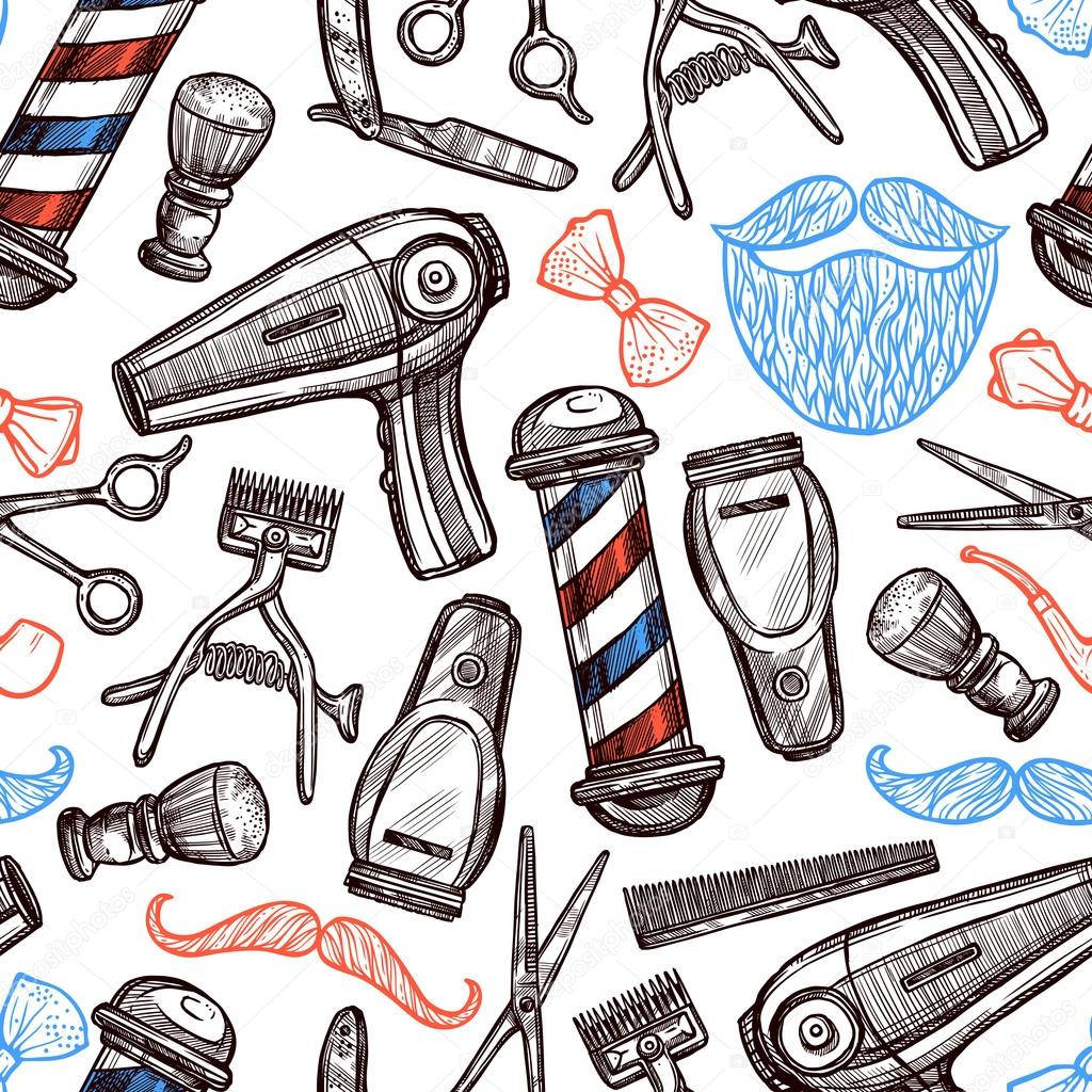 Barber 桌布 壁紙 — 以黑色、紅色和藍色在白色背景上手繪的復古理髮店工具和配件草圖圖案。