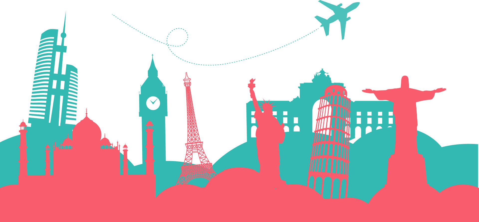 旅行 桌布 壁紙 — 以黑色為背景，大膽的粉紅色和藍綠色剪影呈現全球地標，一架飛機在上方繪製虛線路徑。