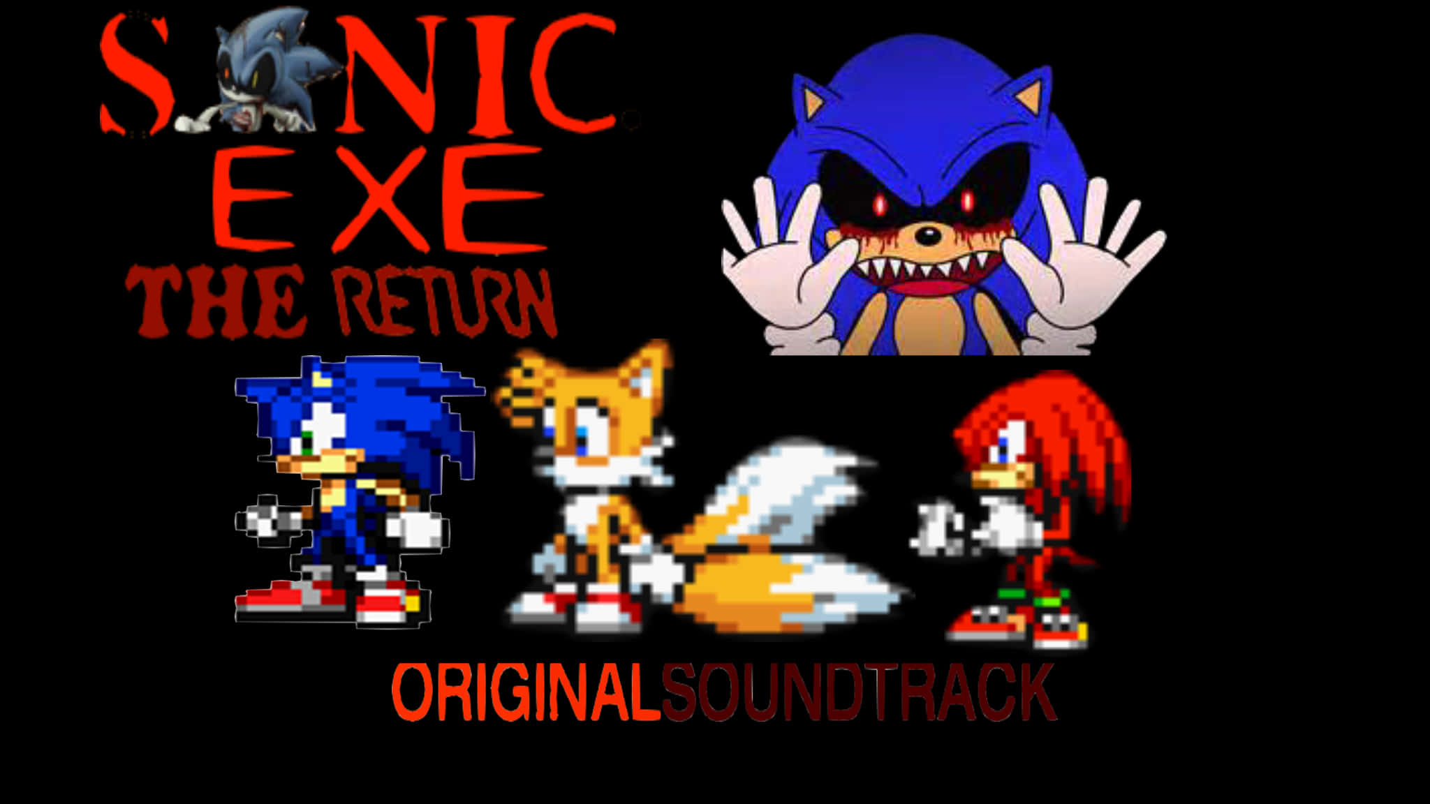Sonic Exe 桌布 壁紙 — 以黑色背景為襯托， featuring 像素化和怪物化的 Sonic 角色的恐怖主題 Sonic 遊戲封面。