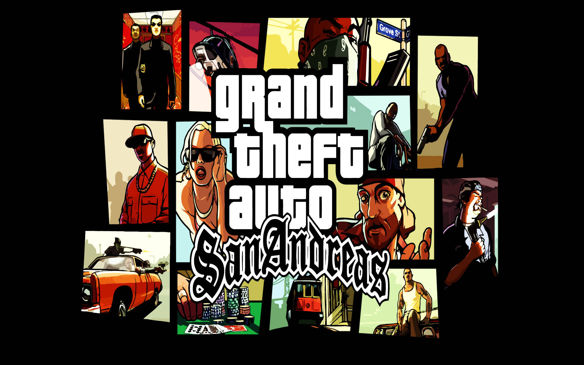 GTA 聖安地列斯 桌布 壁紙 — 以黑色背景為襯托，充滿活力的漫畫風格拼貼畫，展現《俠盜獵車手：聖安地列斯》的角色與場景。