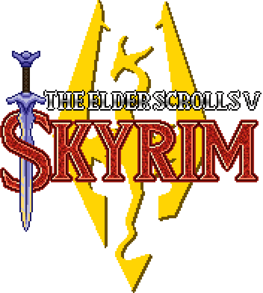 Skyrim Logo 桌布 壁紙 — 以黑色背景為襯托，帶有藍色劍和黃色龍徽章的《上古卷軸V：天際》像素藝術標誌。