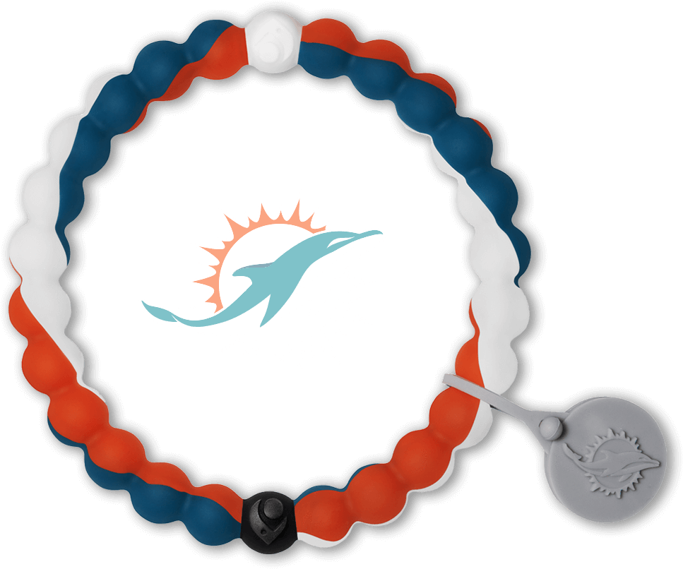 dolphins 桌布 壁紙 — 以黑色背景為襯托的邁阿密海豚主題矽膠珠手鍊，帶有球隊標誌和扣環。