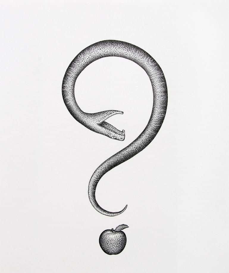 Question Mark 桌布 壁紙 — 以點陣圖繪製的蛇蜷曲成問號形狀，下方懸掛著一個蘋果。