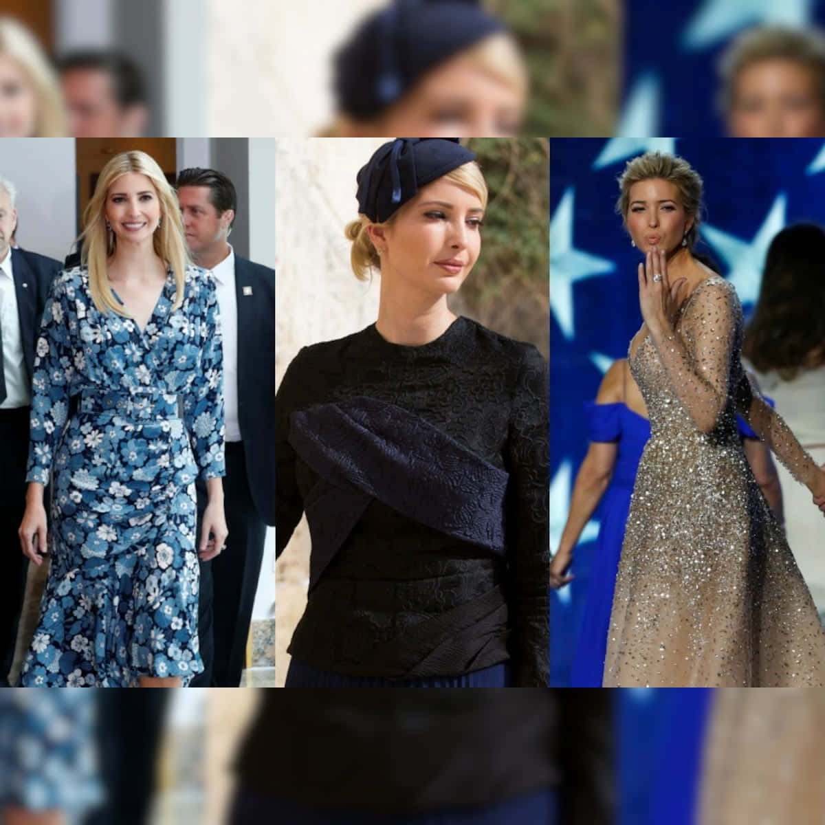 Famous 桌布 壁紙 — 伊凡卡·川普身穿三套優雅服裝：藍色花卉洋裝、黑色質感上衣配海軍藍頭飾，以及閃閃發光的香檳色禮服。