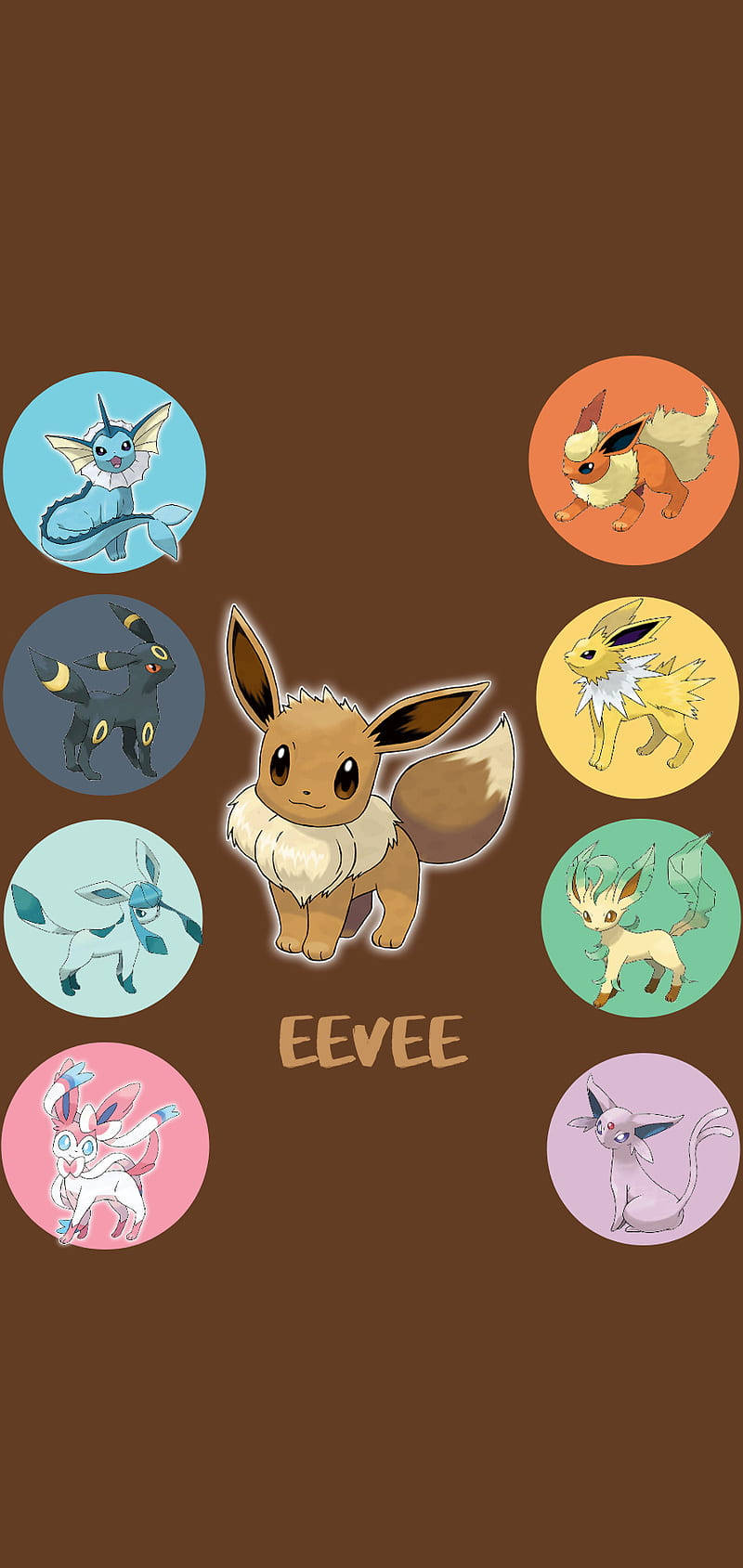 Eevee iPhone 桌布 壁紙 — 伊布及其八種色彩繽紛的進化形態以圓形框架展示在純棕色背景上。