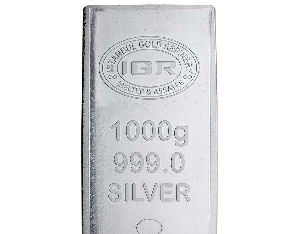 Silver 桌布 壁紙 — 伊斯坦堡黃金精煉廠標記的拋光1000克999.0純銀條特寫。