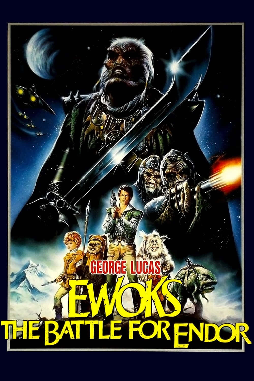 The Battle Of Endor 桌布 壁紙 — 《伊沃克：恩多之戰》的戲劇性電影海報，展示一位手持發光劍的高大伊沃克戰士，背景是星空宇宙，還有其他角色和太空船。