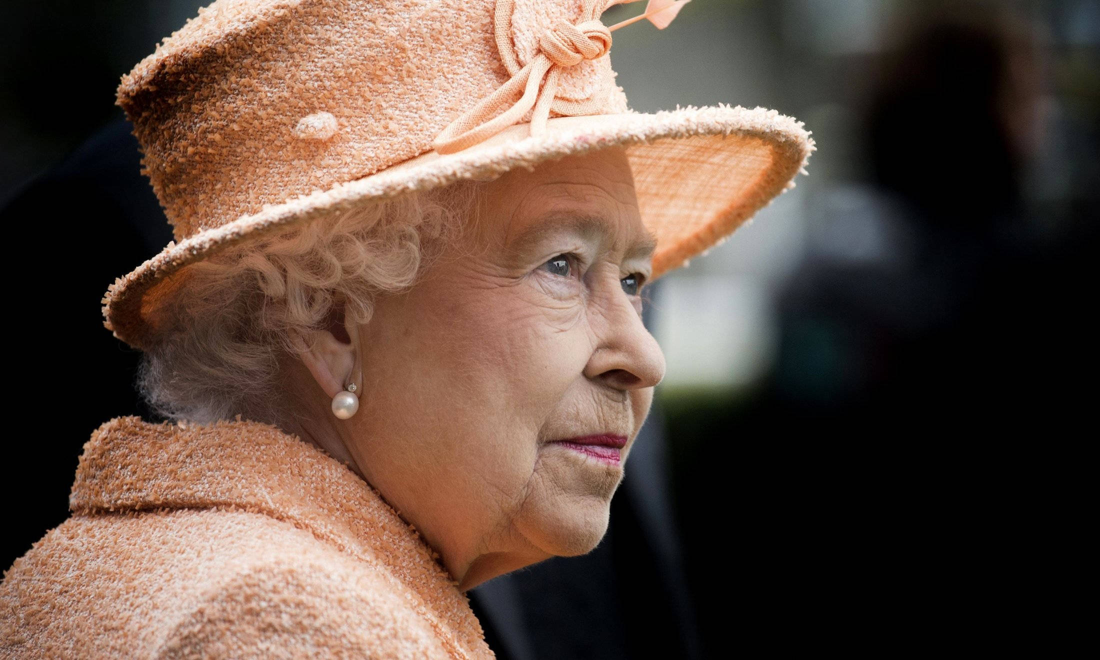 Queen Elizabeth 桌布 壁紙 — 伊莉莎白二世女王的側面特寫肖像，戴著桃色紋理帽子和搭配的外套，配以珍珠耳環。