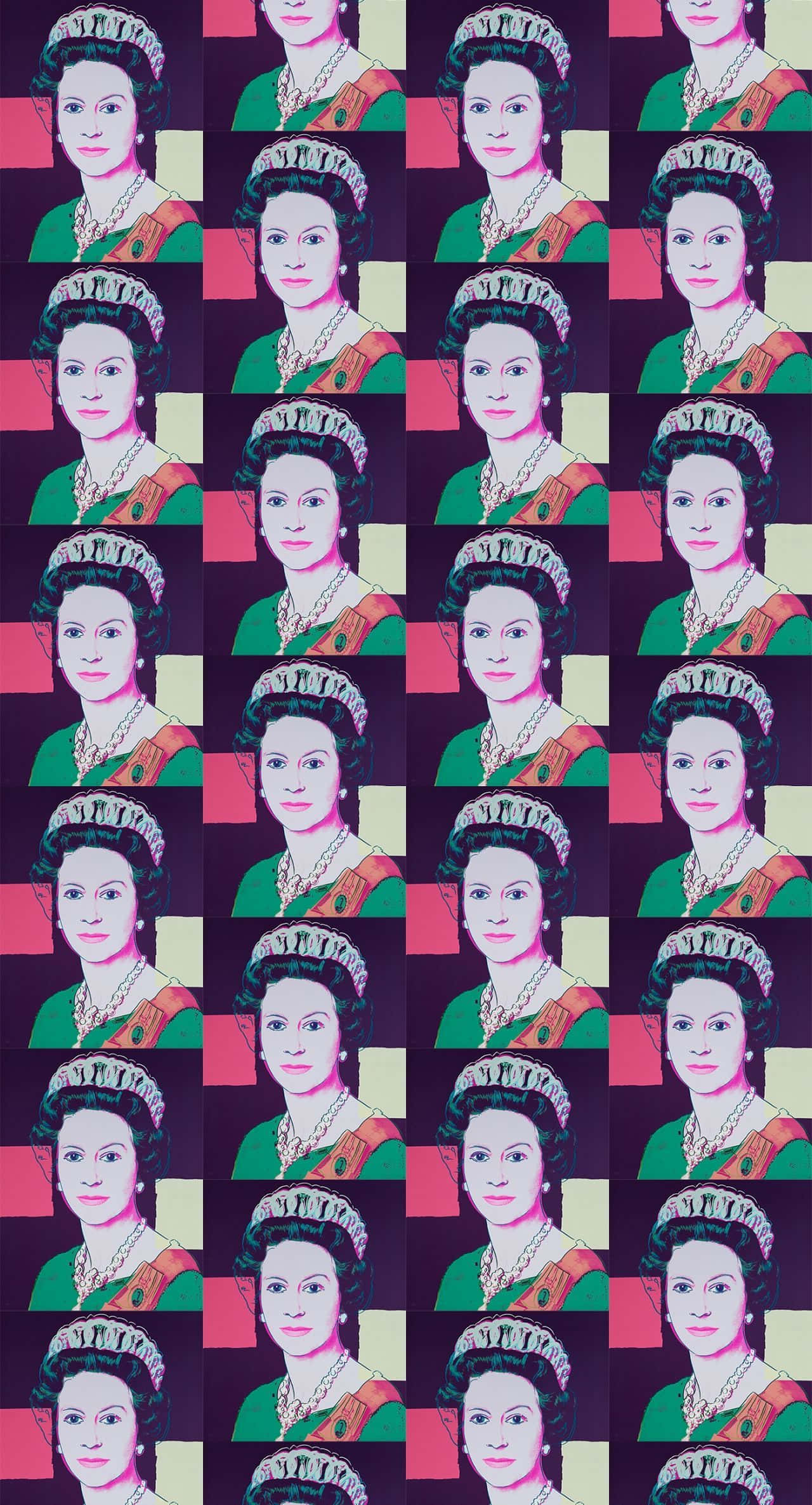 Queen Elizabeth 桌布 壁紙 — 伊莉莎白二世女王的普普藝術重複肖像，身穿皇室服飾，背景為大膽的粉紅和紫色格紋。