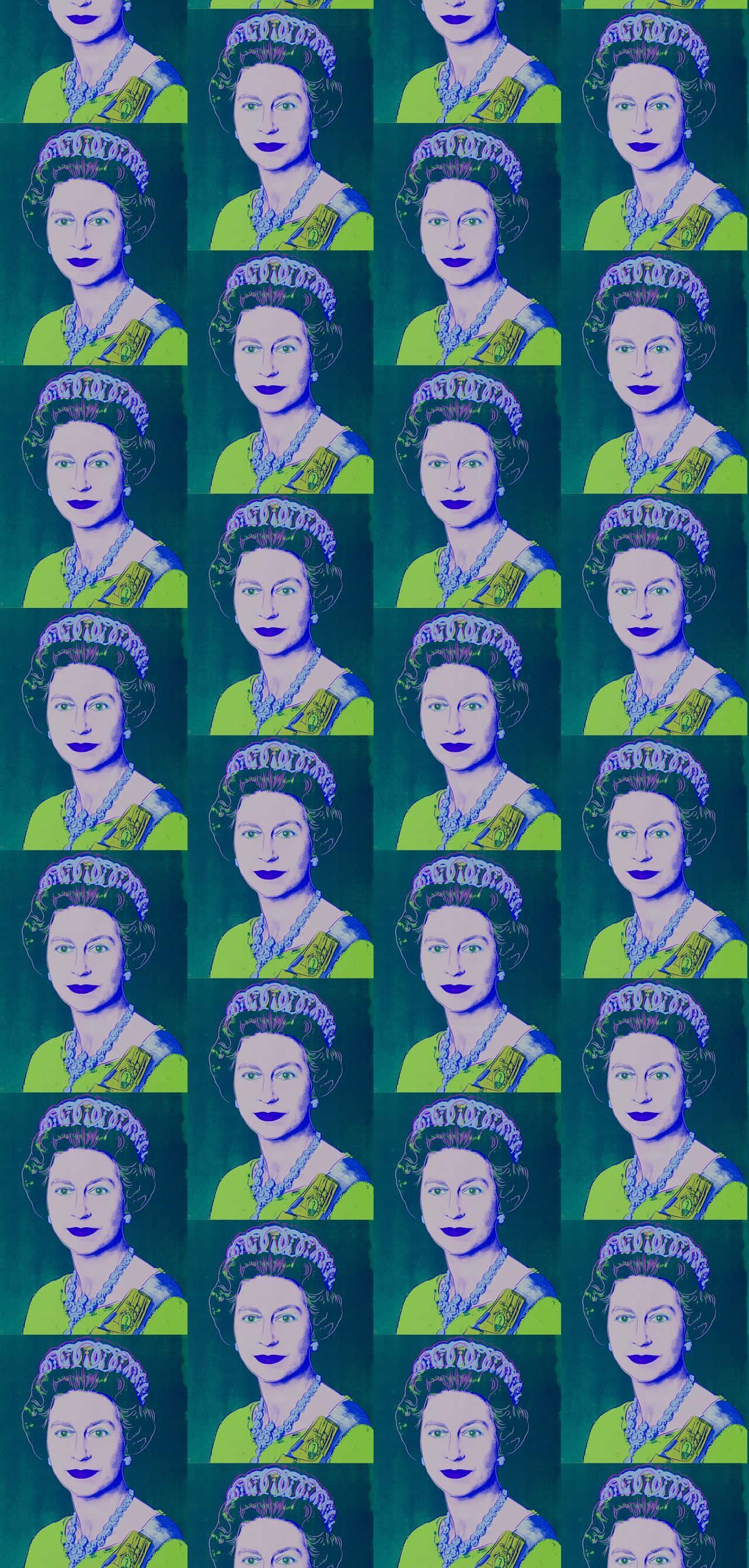 Queen Elizabeth 桌布 壁紙 — 伊莉莎白二世女王的重复肖像，採用鮮豔的綠色和藍色色調，帶有粗線條和半色調點。