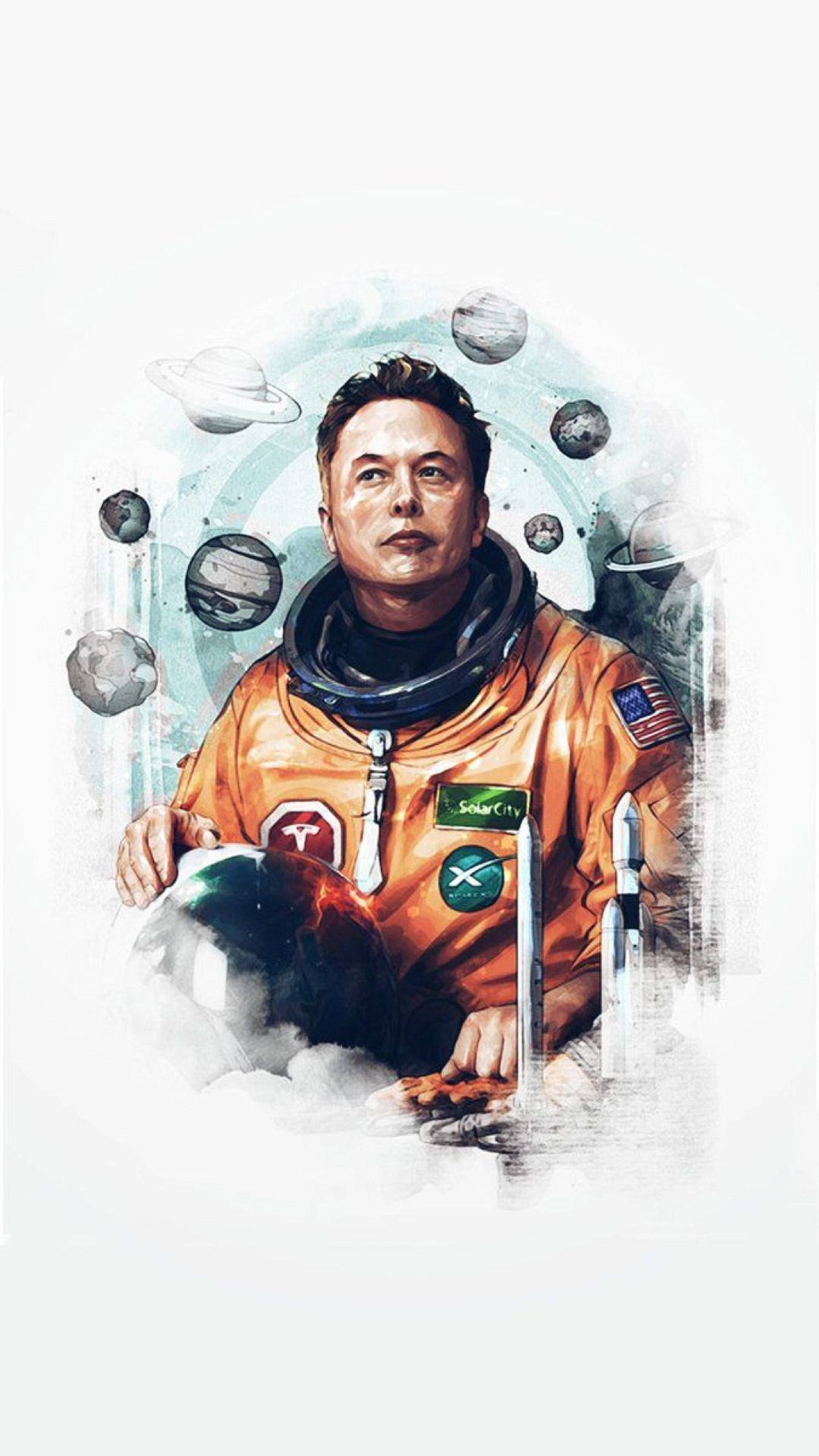 Elon 桌布 壁紙 — 伊隆·馬斯克身穿橙色太空衣，被漂浮的行星和火箭環繞，水彩風格。