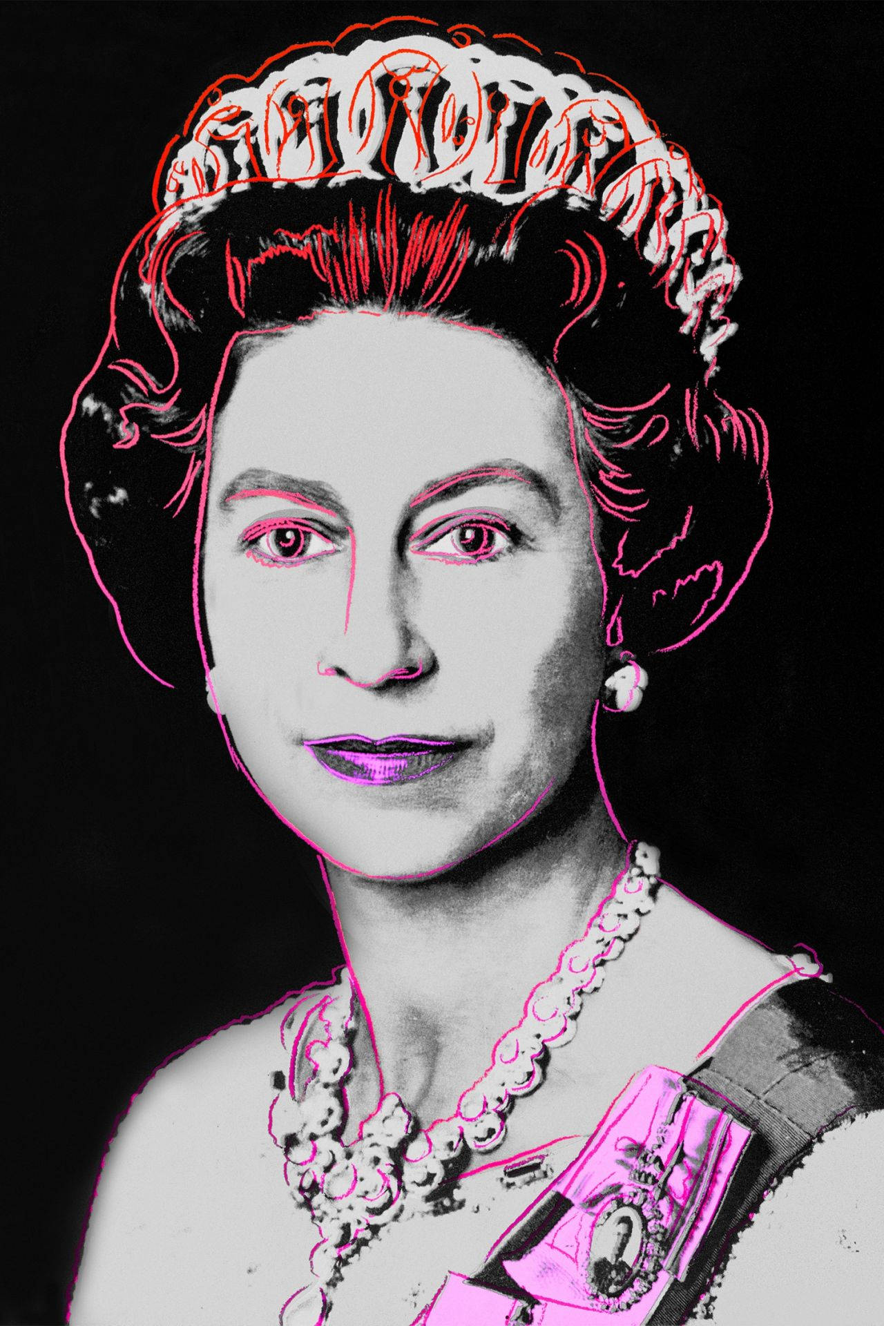 Queen Elizabeth 桌布 壁紙 — 伊麗莎白二世女王的風格化肖像，以大膽的粉紅色輪廓和單色皮膚繪製，背景為黑色。