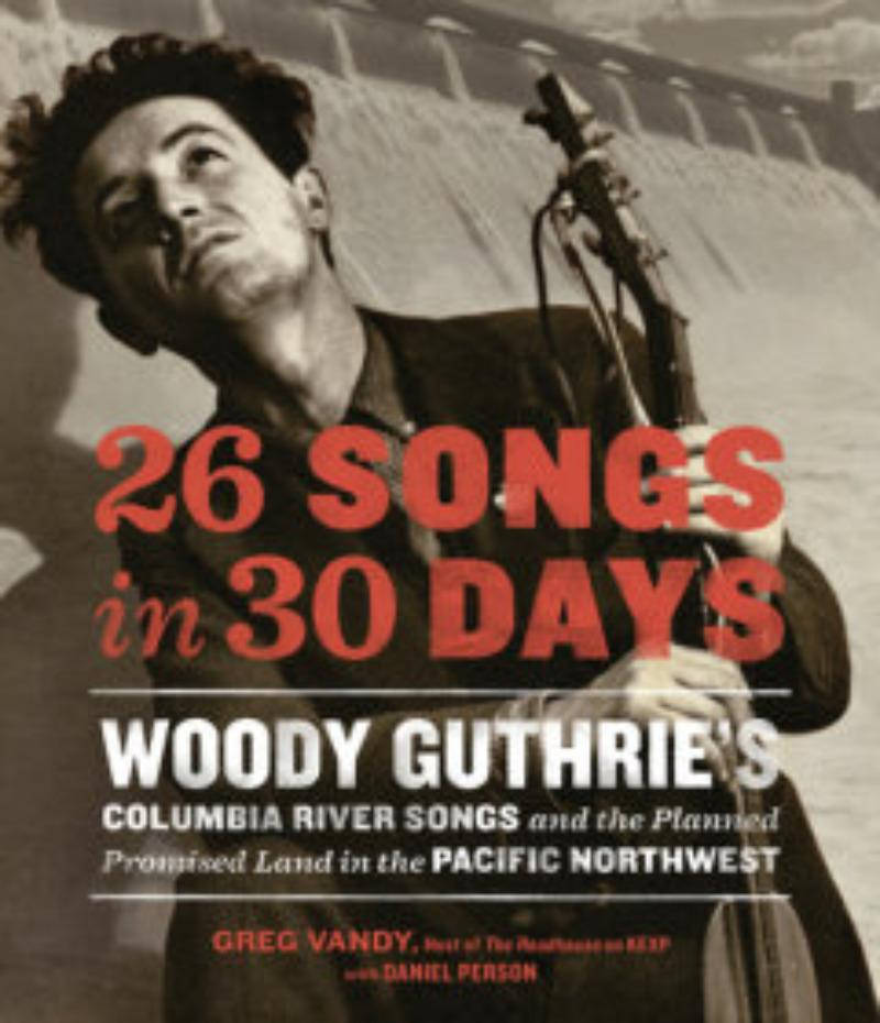 黑白 桌布 壁紙 — 伍迪·蓋瑟瑞（Woody Guthrie）拿著吉他的棕褐色調肖像，上面有粗體紅色文字，宣佈他的哥倫比亞河歌曲項目。