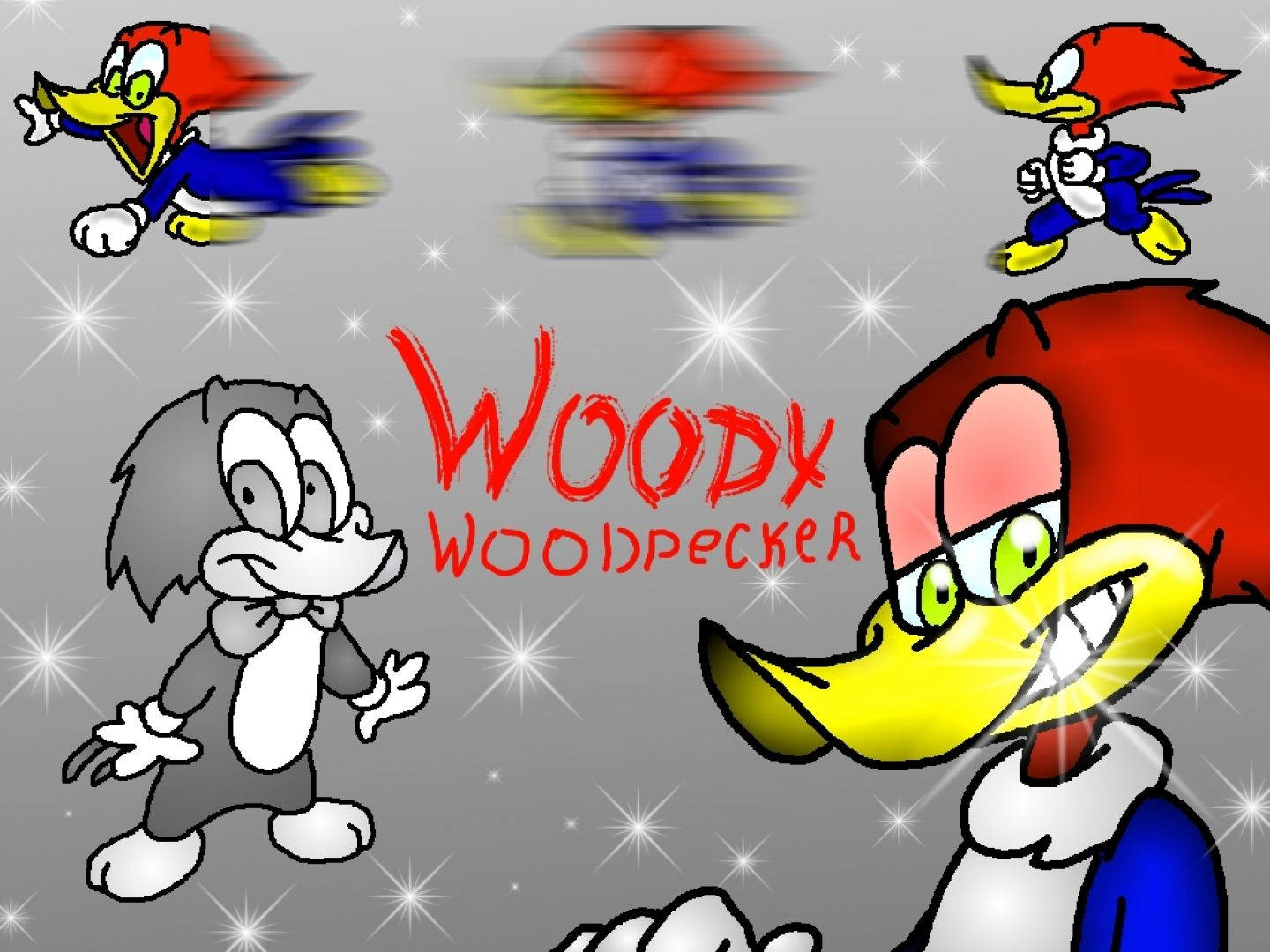 Woody Woodpecker 桌布 壁紙 — 伍迪啄木鳥以鮮豔色彩和灰階姿態，在帶有動態模糊效果的閃爍灰色背景前擺姿勢。