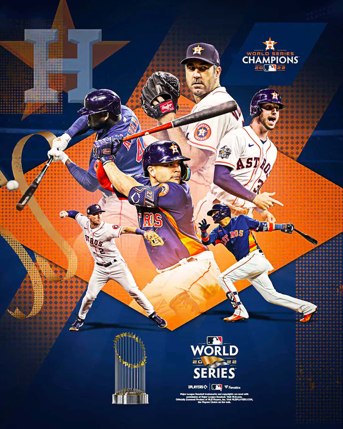 Astros 桌布 壁紙 — 休士頓太空人棒球球員慶祝2022年世界大賽勝利的動態拼貼，包含獎盃和星星標誌。